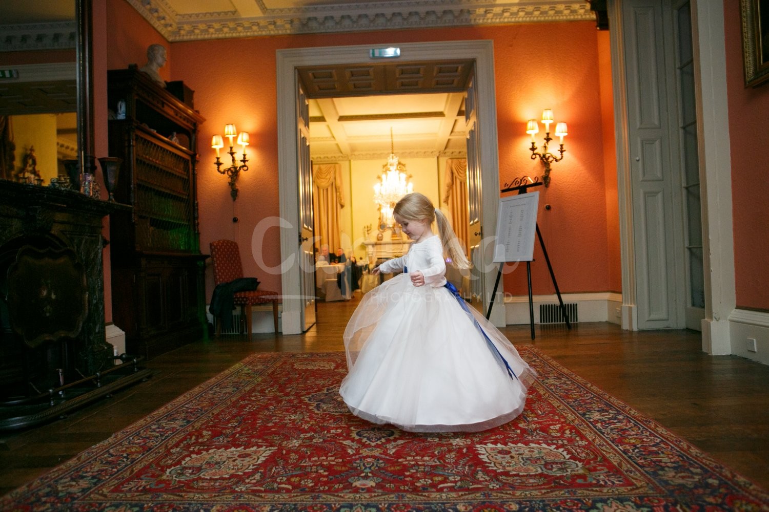 Its just as exciting as Christmas flowergirl, dress, spinning, wedding, prestwold hall, dining room, wedding photography, captcha