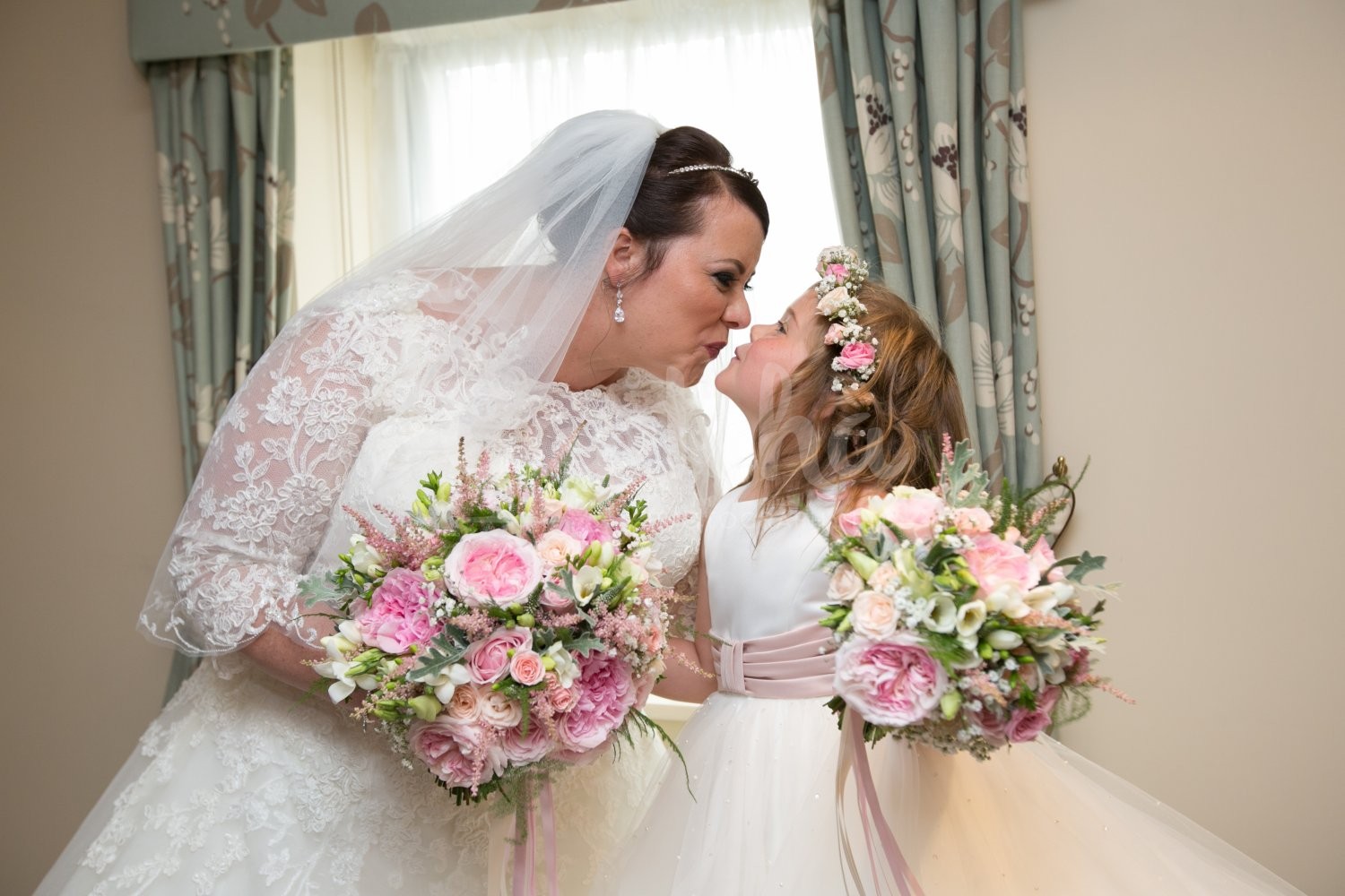 Its just as exciting as Christmas Bride and Flowergirl, pink flowers, spring and summer flowers, vintage, lacey, yew lodge hotel, captcha photography